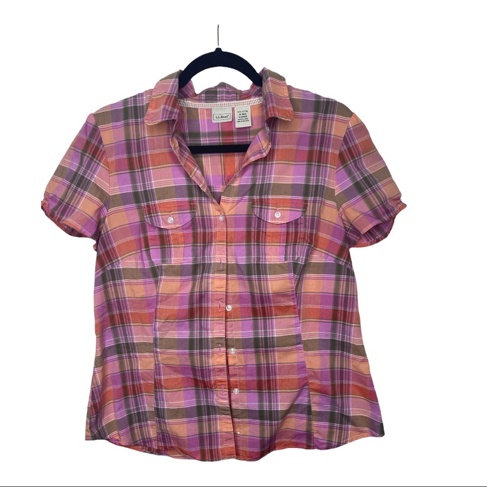 L.L. Bean Women Pink and Orange Short Sleeve Plaid Top | M